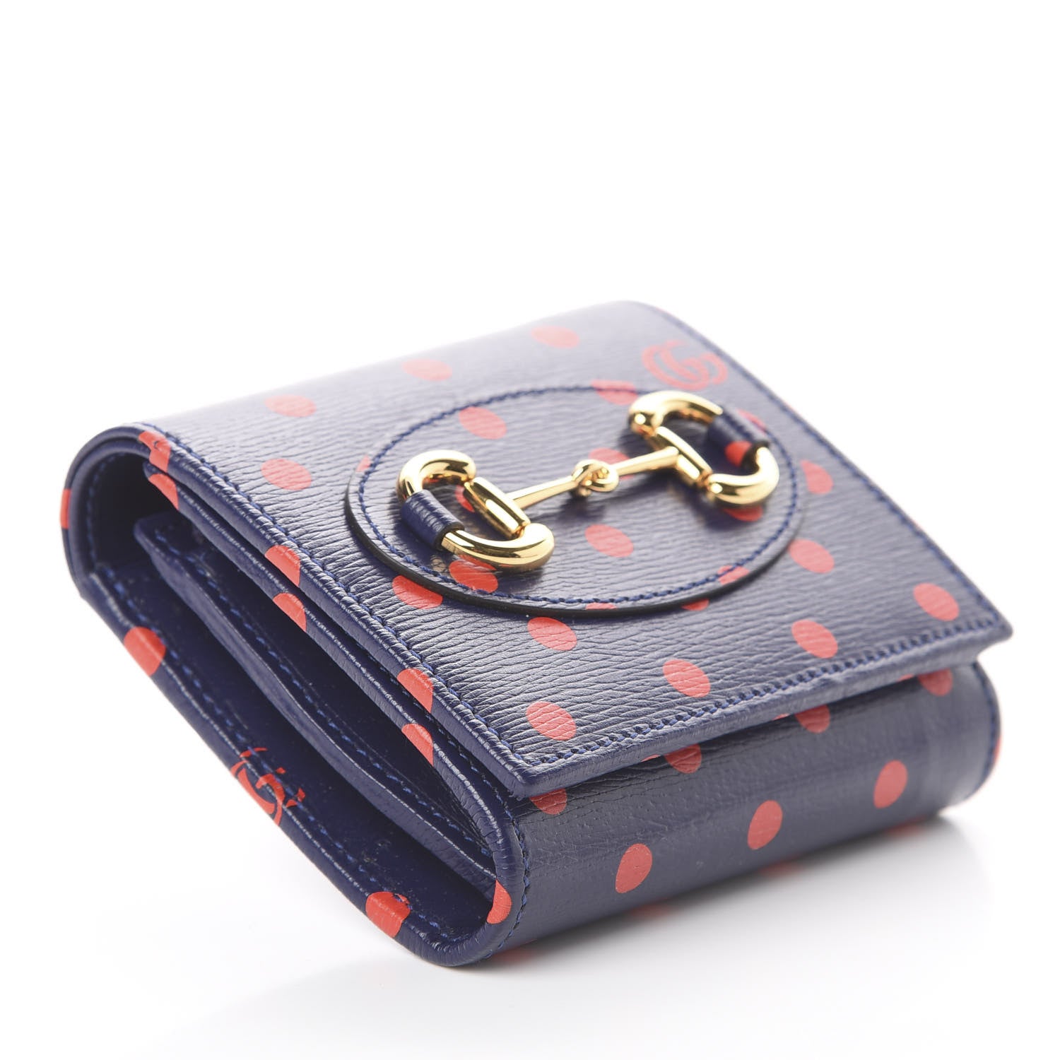 Gucci Shangai Calfskin Polka Dot Horsebit 1955 Flap Card Case Wallet Blue Orange Sailor Blue 3 of 5