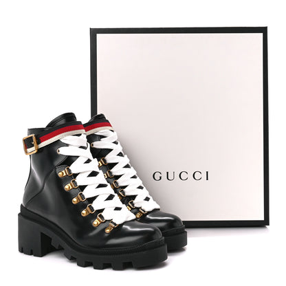 Gucci Calfskin Sylvie Web Lace Up Combat Boots 35 Black 10 of 10