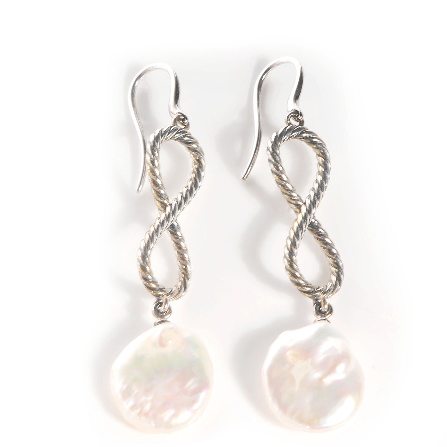 Sterling Silver Confetti Figure Eight Pearl Drop Earrings 10mm