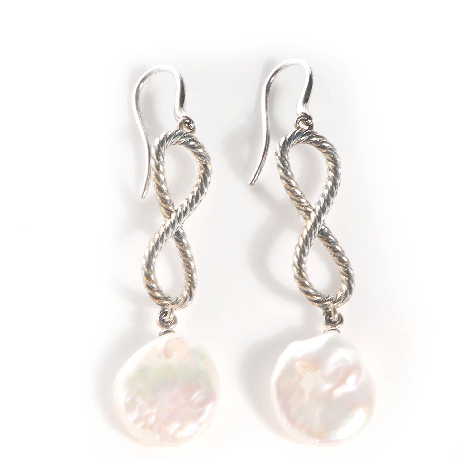 David Yurman Sterling Silver Confetti Figure Eight Pearl Drop Earrings 10mm 1 of 5