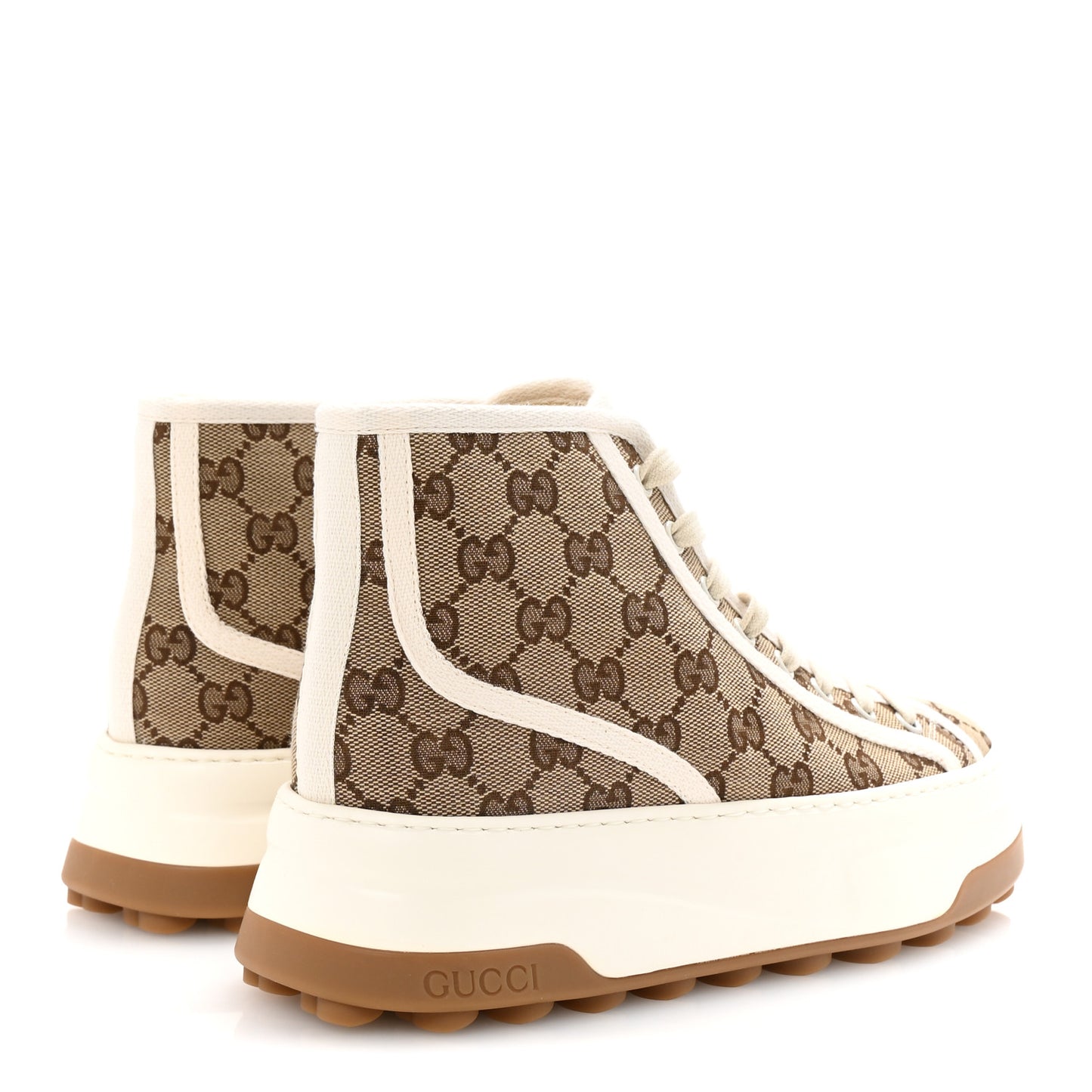 New Canvas GG Monogram Womens Tennis 1977 High Top 55mm Platform Sneakers 37.5 Beige Ebony Mystic White