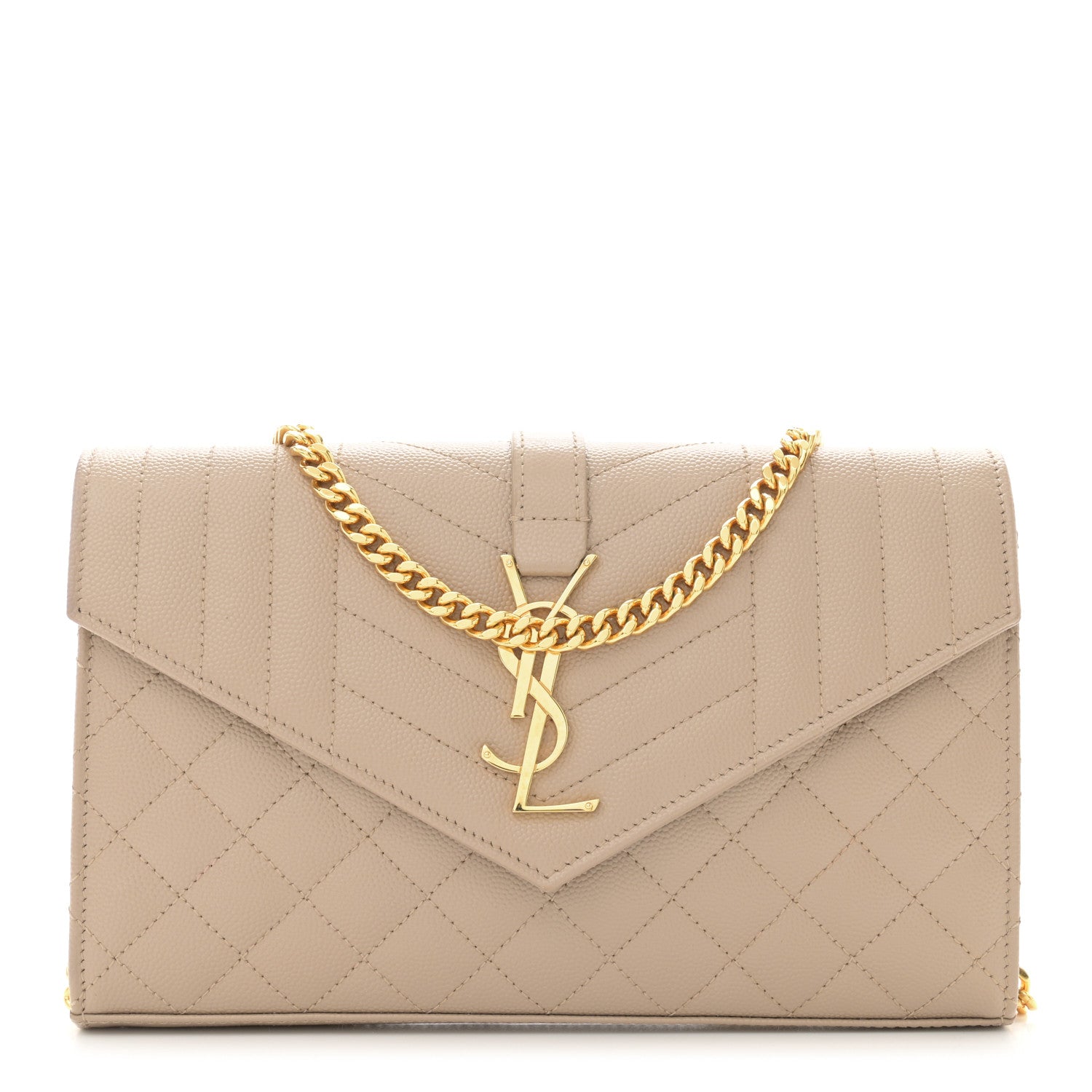 Saint Laurent Grain De Poudre Mixed Matelasse Triquilt Monogram Chain Wallet Dark Beige 1 of 9