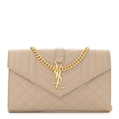 Saint Laurent Grain De Poudre Mixed Matelasse Triquilt Monogram Chain Wallet Dark Beige 1 of 9