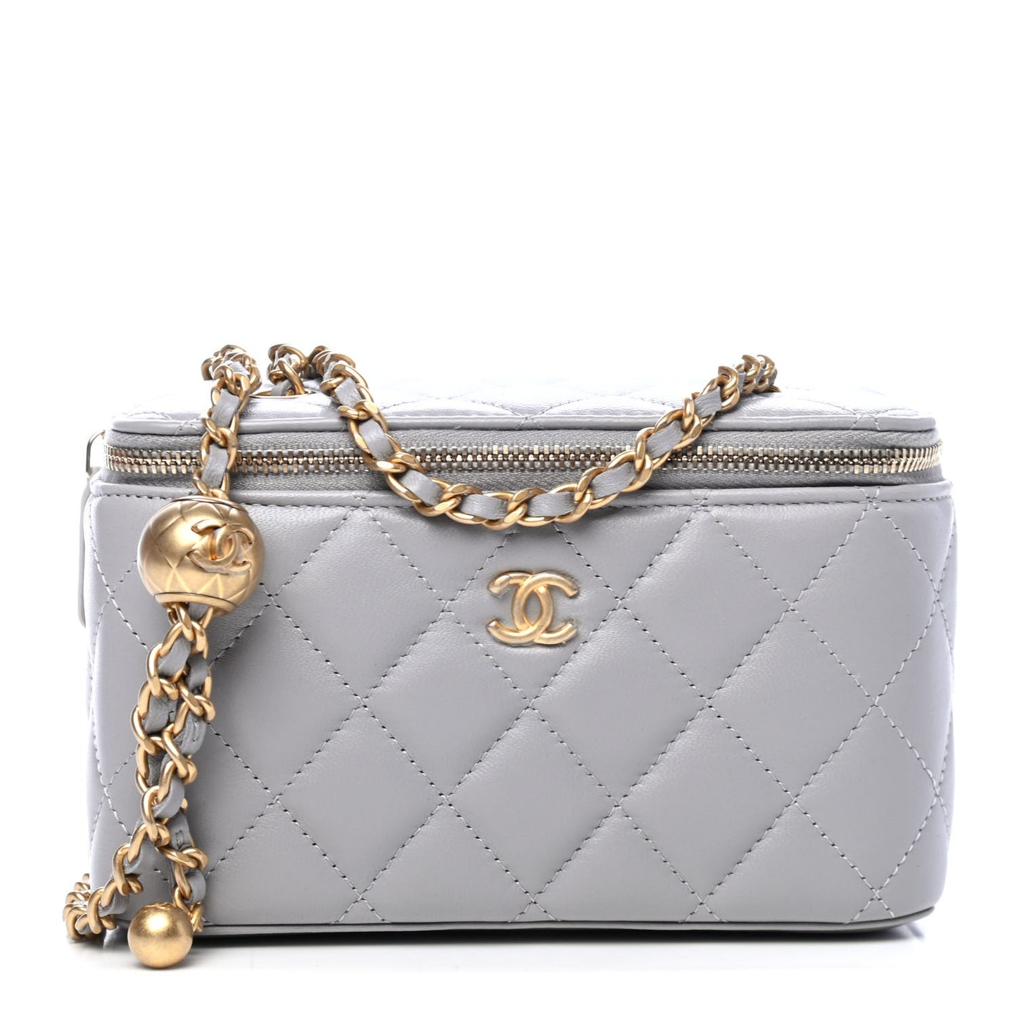 Lambskin Quilted Small Pearl Crush Vanity Case With Chain Grey