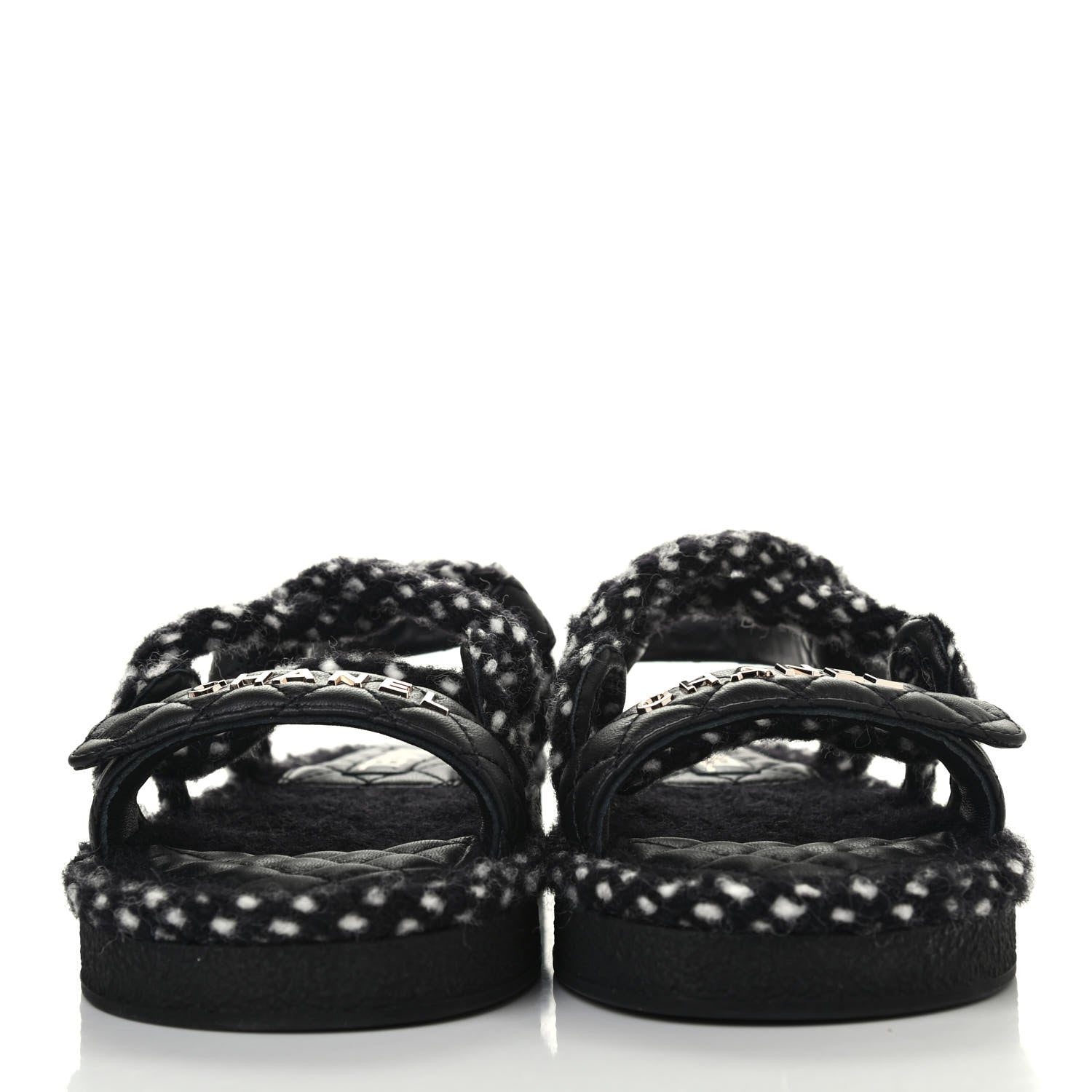 Chanel Cord Lambskin Quilted Logo Sandals 38 Black White 2 of 4