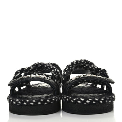 Chanel Cord Lambskin Quilted Logo Sandals 38 Black White 2 of 4