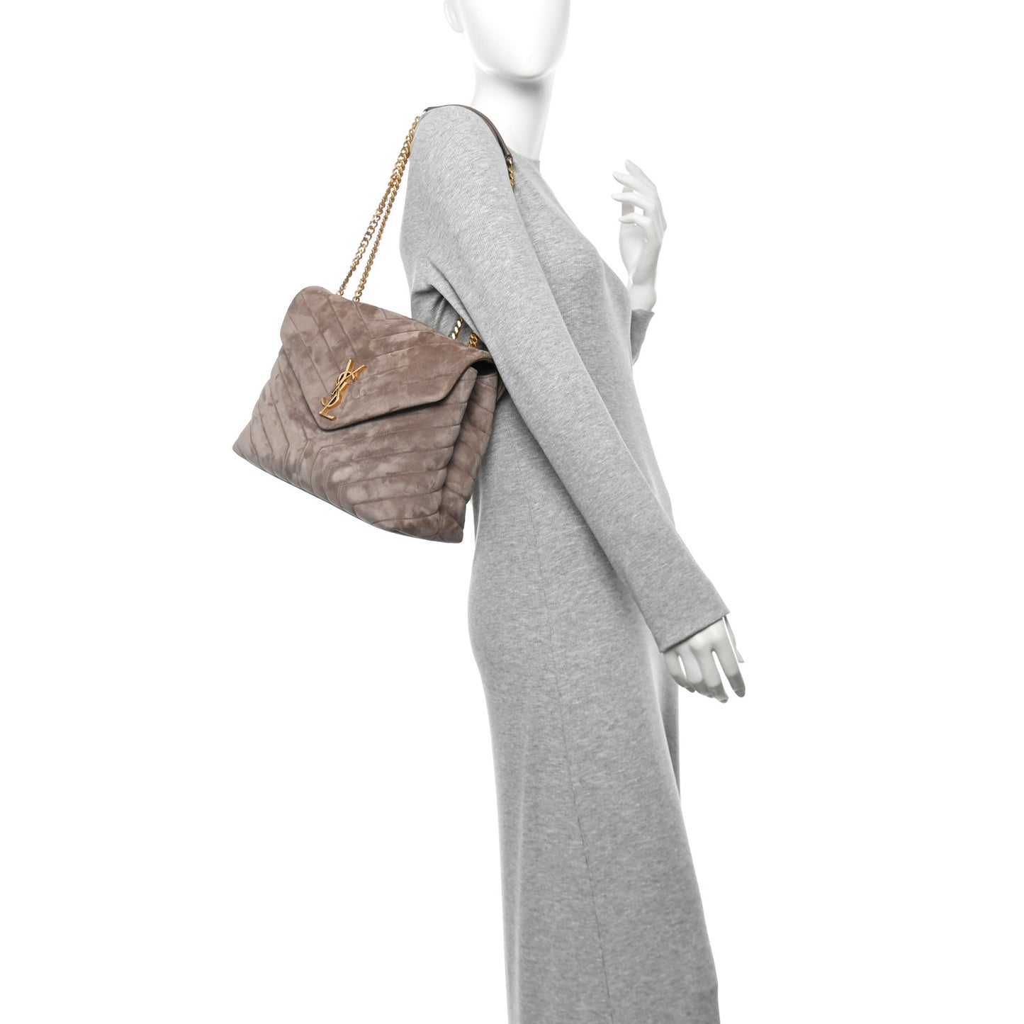 Suede Y Quilted Monogram Medium Loulou Chain Satchel Taupe
