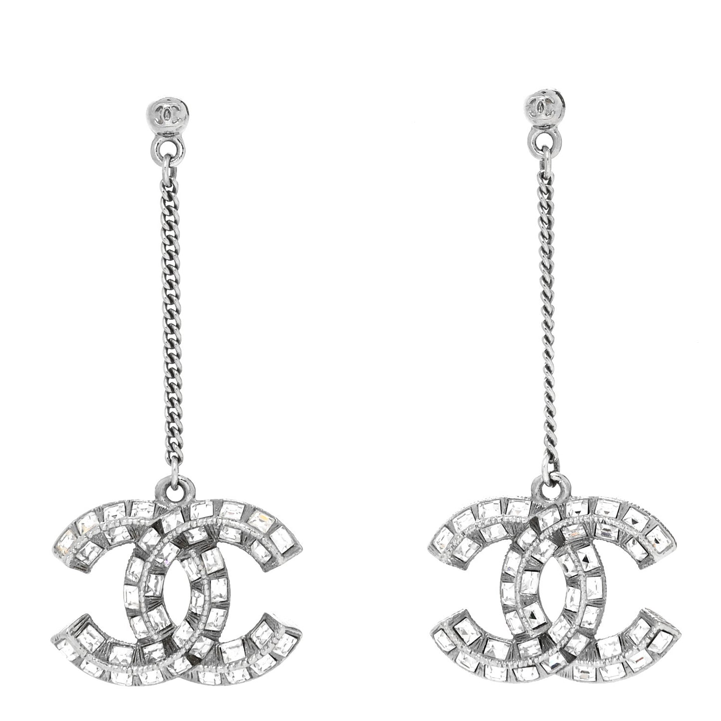 Baguette Crystal CC Drop Earrings Silver