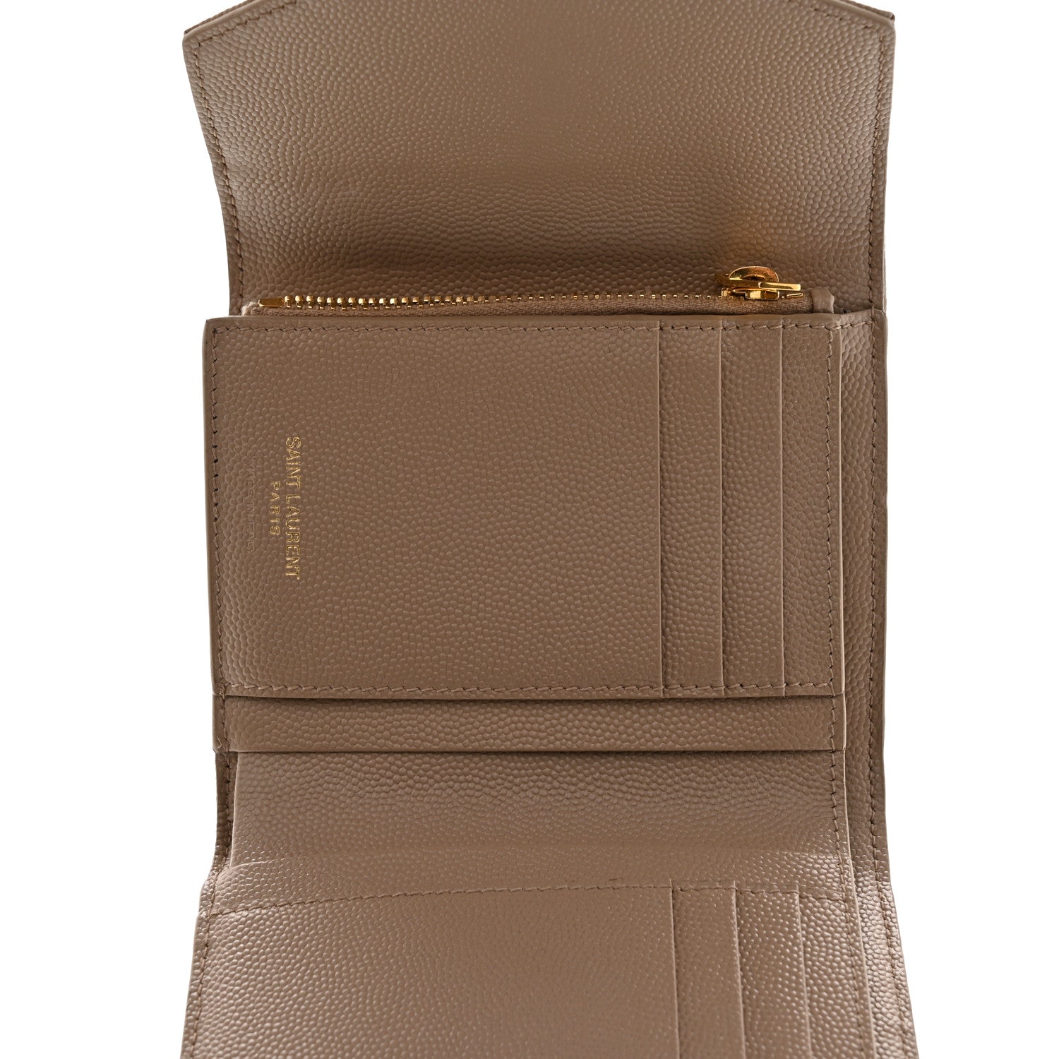 Saint Laurent Grain De Poudre Mixed Matelasse Triquilt Monogram Compact Tri Fold Wallet Dark Beige 5 of 11