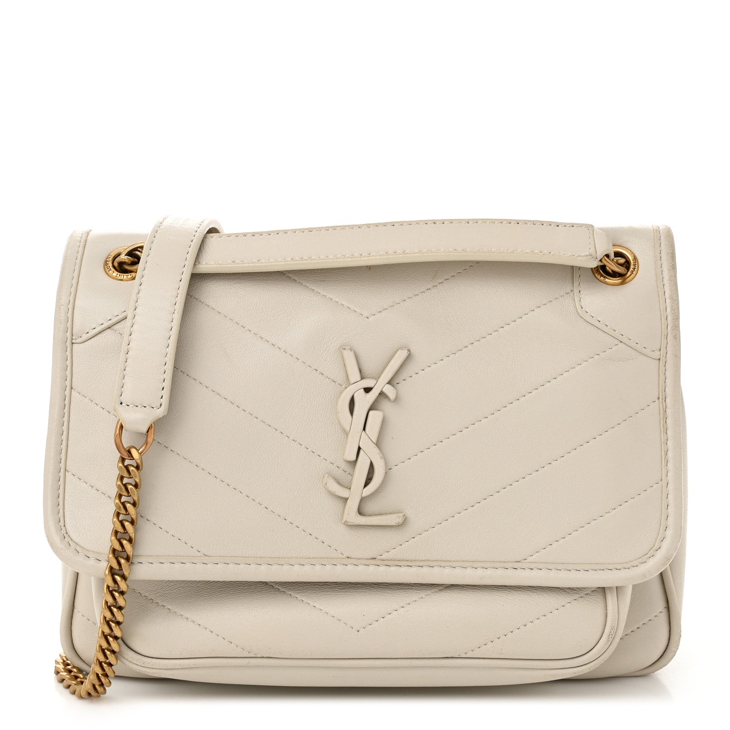 Saint Laurent Crinkled Calfskin Matelasse Monogram Baby Niki Chain Satchel Ivory 1 of 13