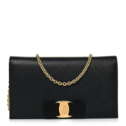 Salvatore Ferragamo Printed Calfskin Ginny Wallet On Chain Black 1 of 14