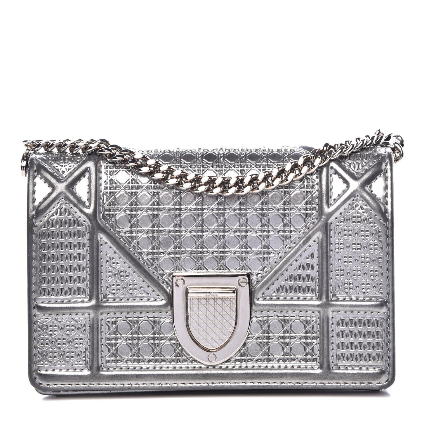 Metallic Patent Micro-Cannage Baby Diorama Flap Bag Silver