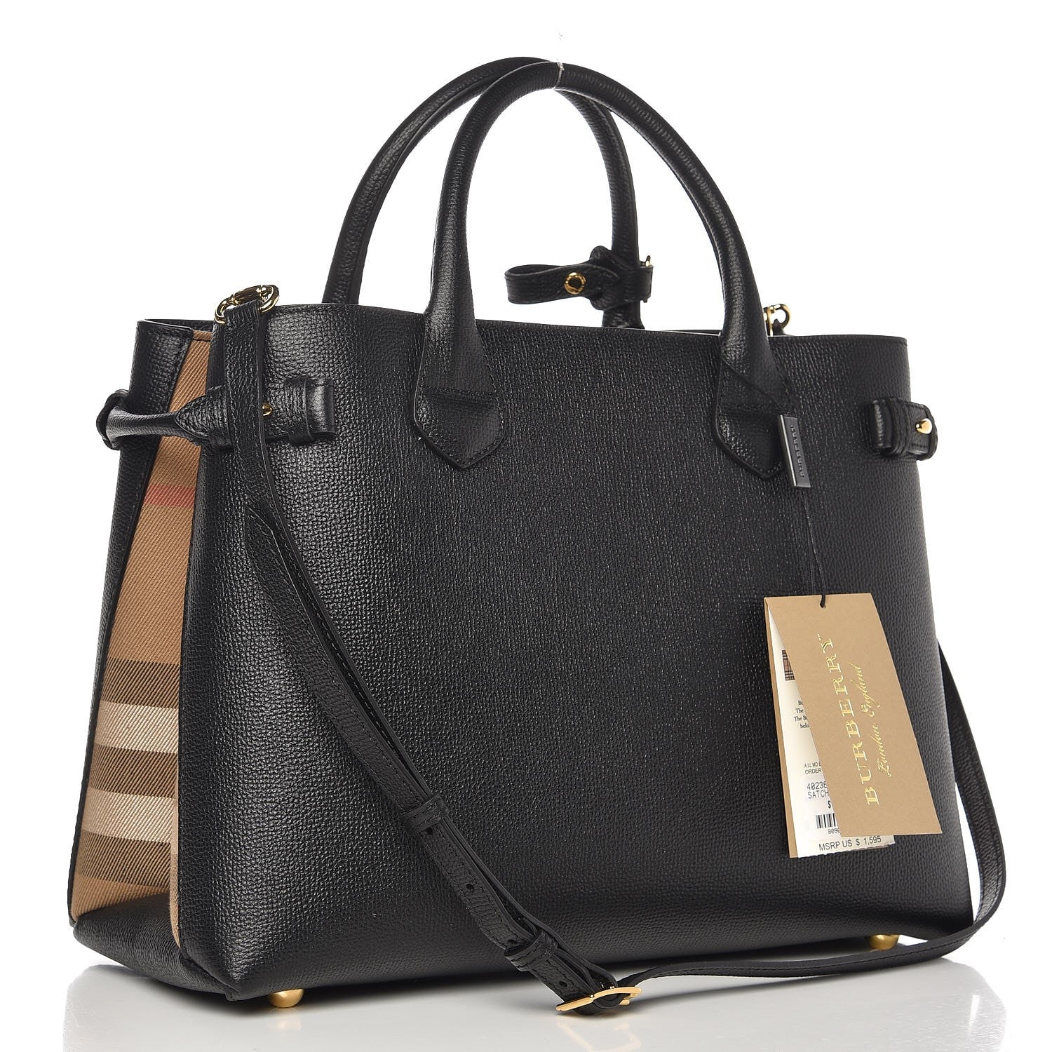 Burberry Grainy Calfskin House Check Medium Banner Tote Black 4 of 8