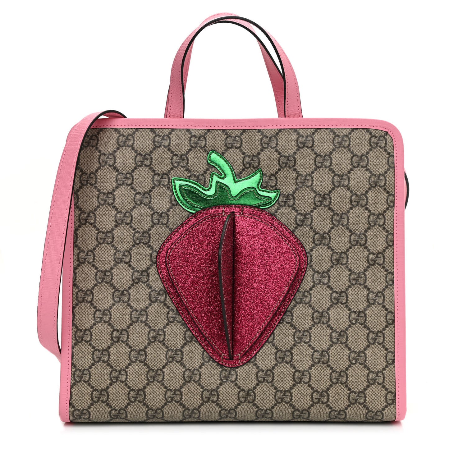 GG Supreme Monogram 3-D Strawberry Childrens Tote Beige Ebony Lotus Pink Fuxia Emerald