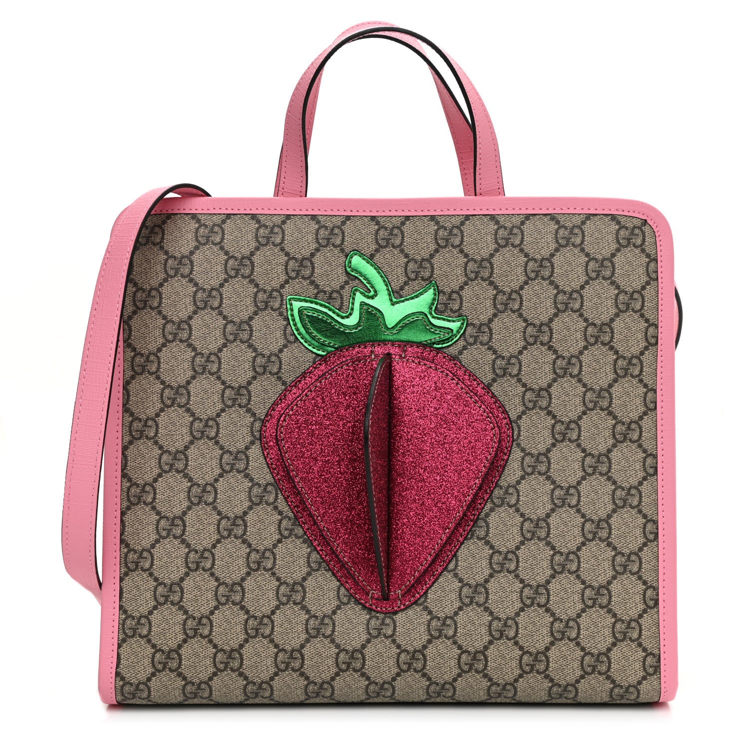 Gucci GG Supreme Monogram 3-D Strawberry Childrens Tote Beige Ebony Lotus Pink Fuxia Emerald 1 of 9
