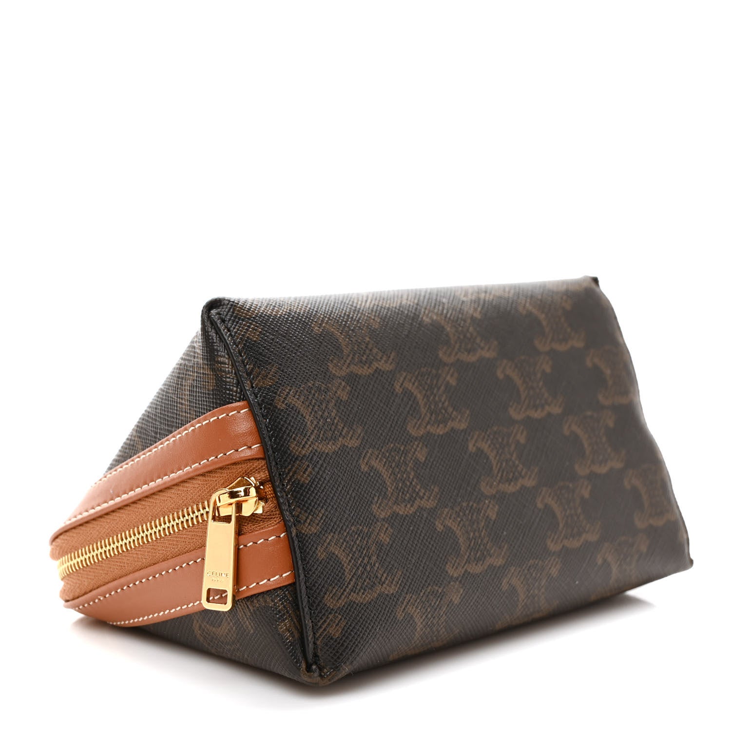 Celine Triomphe Canvas Calfskin Small Cosmetic Pouch Tan 4 of 7