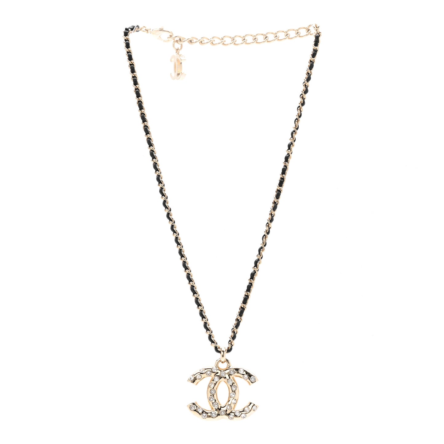 Lambskin Crystal CC Chain Pendant Necklace Black Gold
