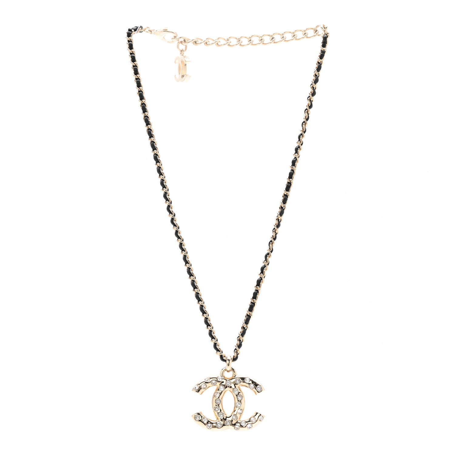 Chanel Lambskin Crystal CC Chain Pendant Necklace Black Gold 3 of 6