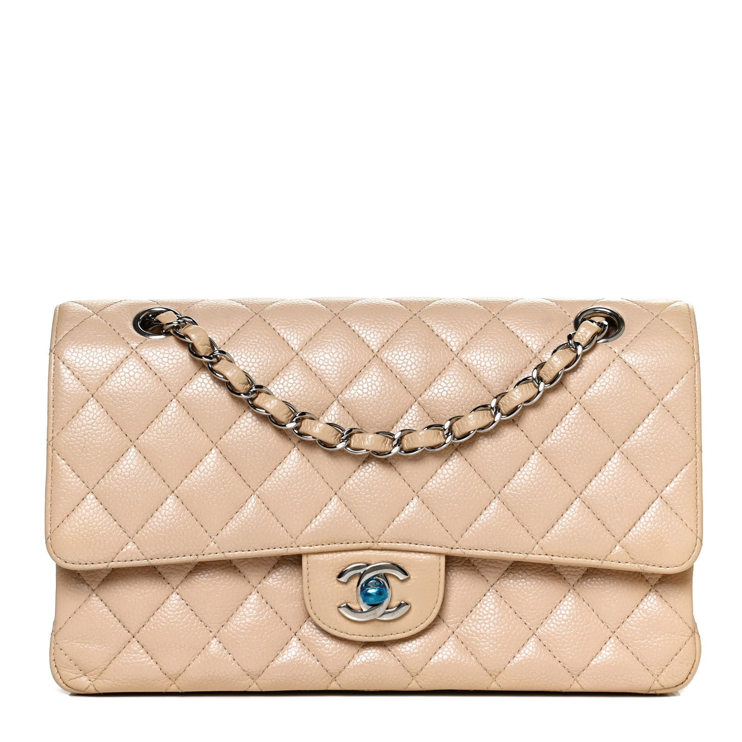 Caviar Quilted Medium Double Flap Beige