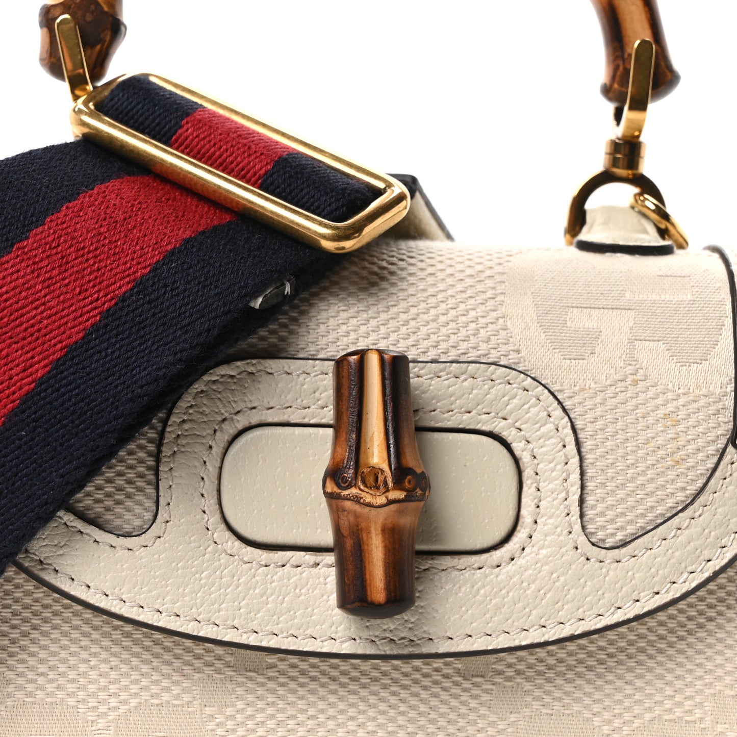 Monogram Jumbo GG Textured Dollar Calfskin Web Small Bamboo 1947 Top Handle Bag Off White