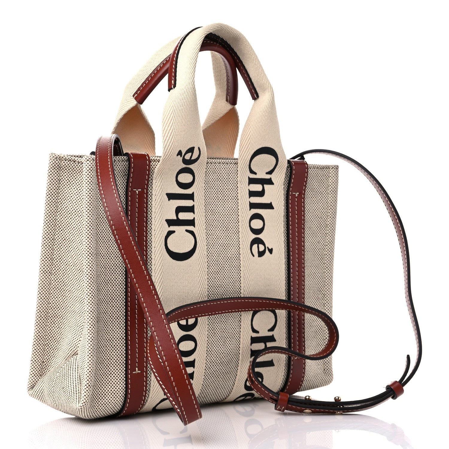 Chloe Cotton Calfskin Small Woody Ribbon Tote With Strap White Brown 2 of 8