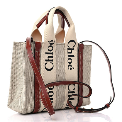 Chloe Cotton Calfskin Small Woody Ribbon Tote With Strap White Brown 2 of 8