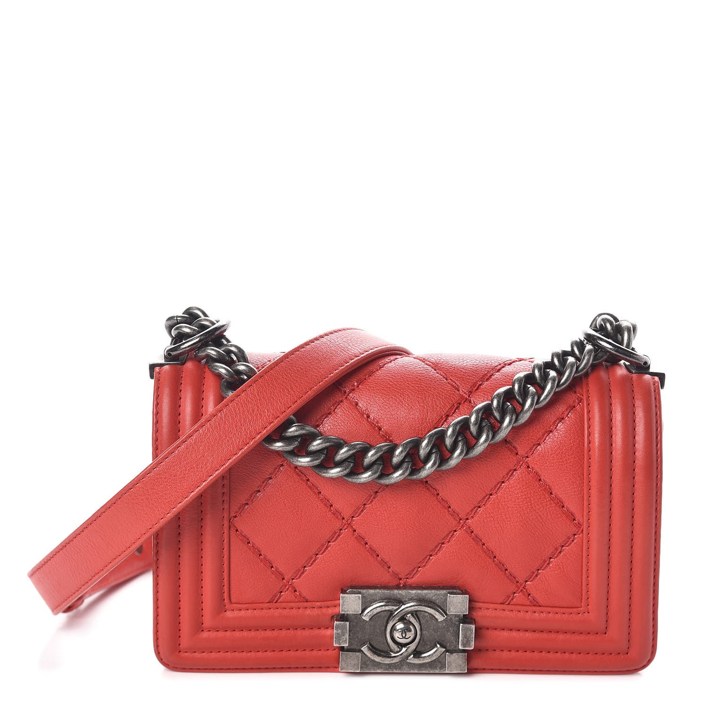 Calfskin Double Stitch Small Boy Flap Red