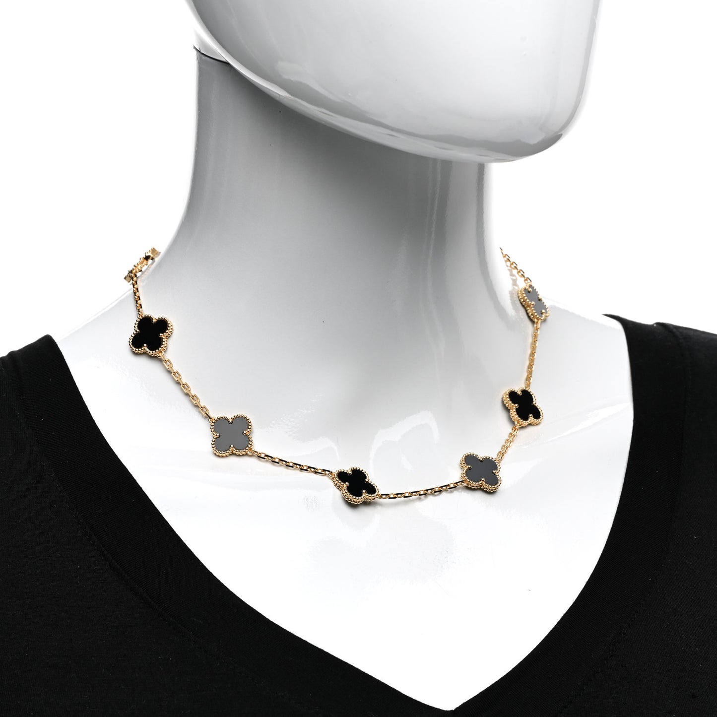 18K Yellow Gold Black Onyx 10 Motifs Vintage Alhambra Necklace