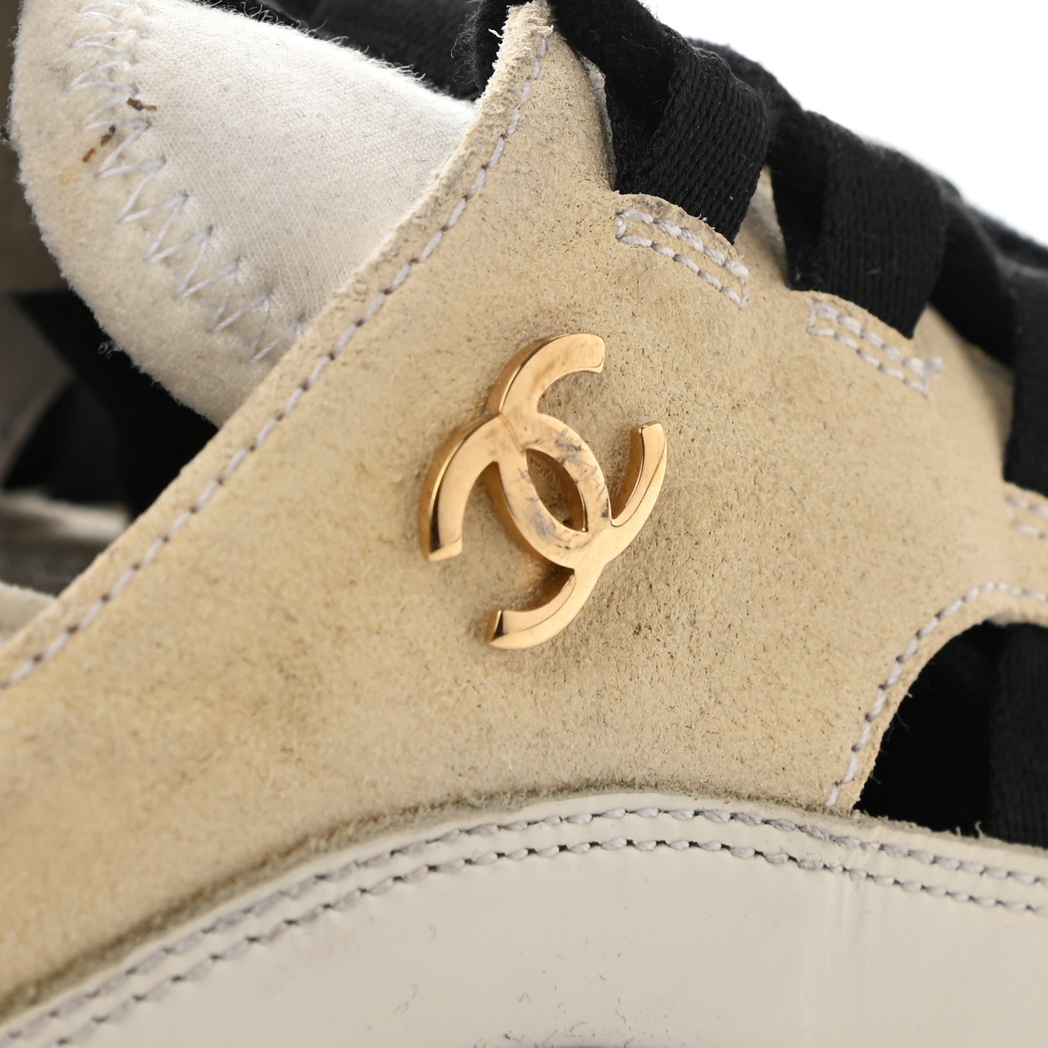 Chanel Fabric Calfskin Suede CC Sneakers 38 Ivory Black 9 of 9