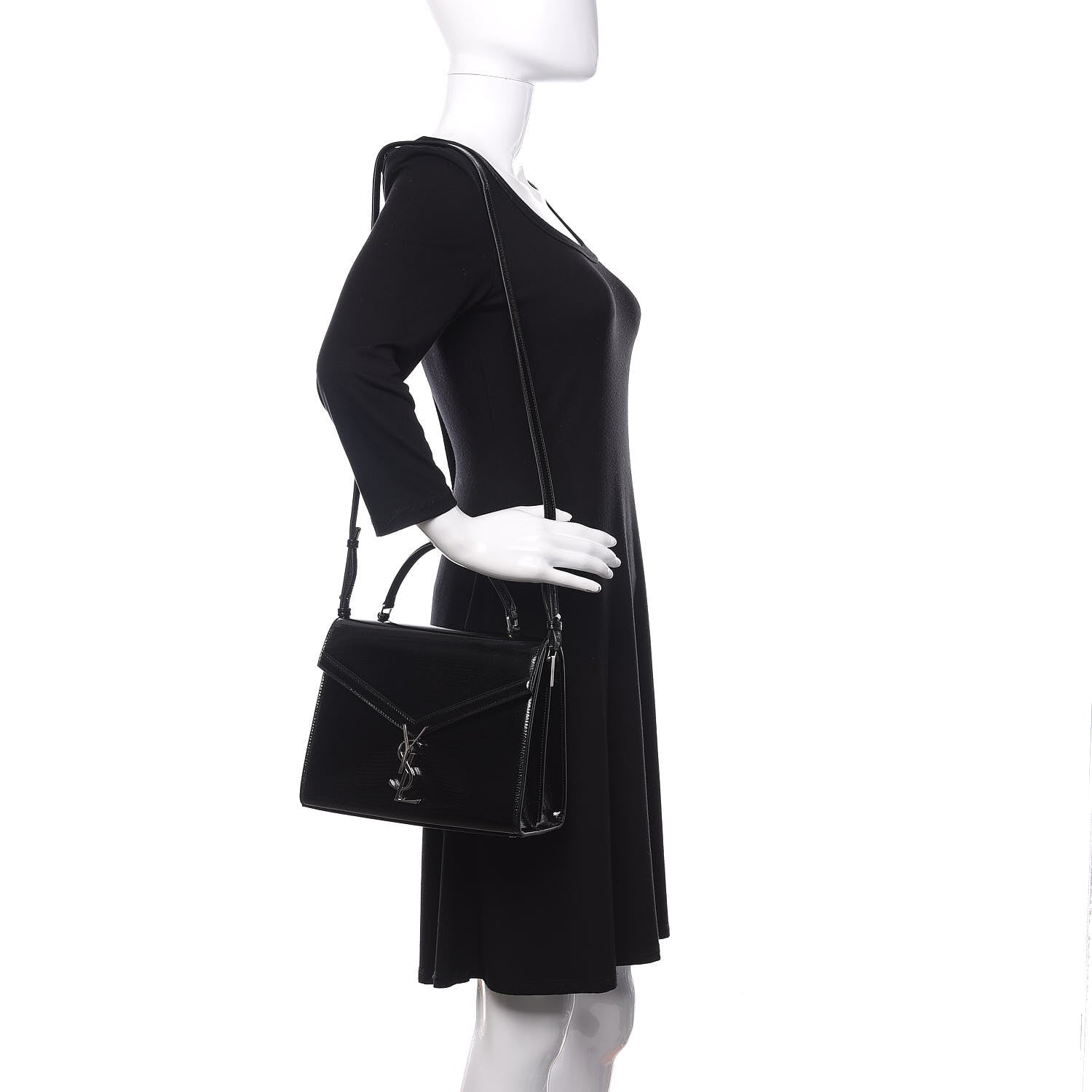 Saint Laurent Calfskin Lizard Embossed Medium Classic Monogram Cassandra Top Handle Black Rouge Legion 3 of 22