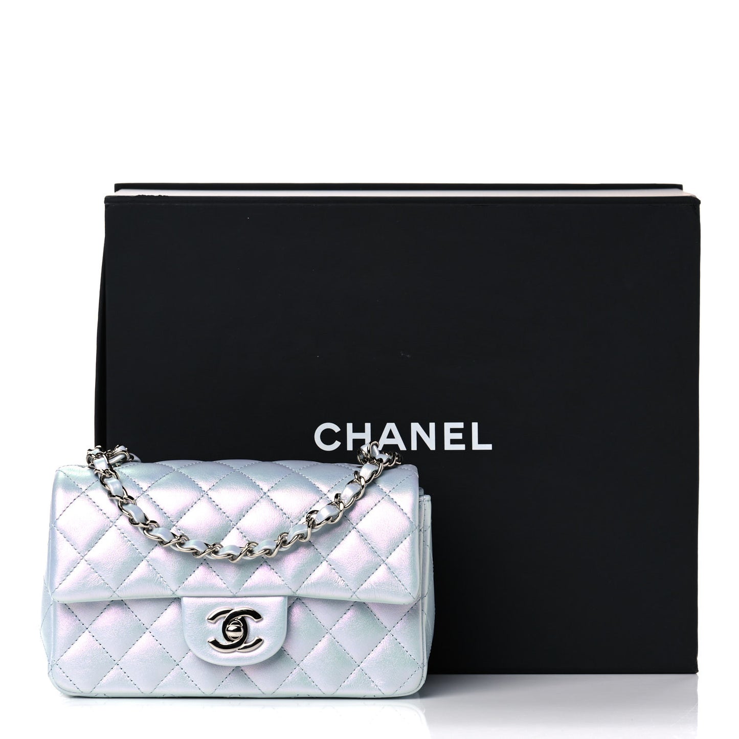 Iridescent Calfskin Quilted Mini Rectangular Flap Light Blue
