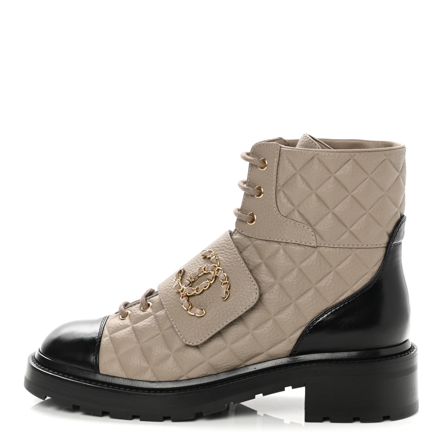 Calfskin Shiny Calfskin Quilted Lace Up Combat Boots 40.5 Dark Beige Black