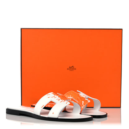 Hermes Calfskin Printed Peinture Fraiche Oran Sandals 37 White Orange 9 of 9