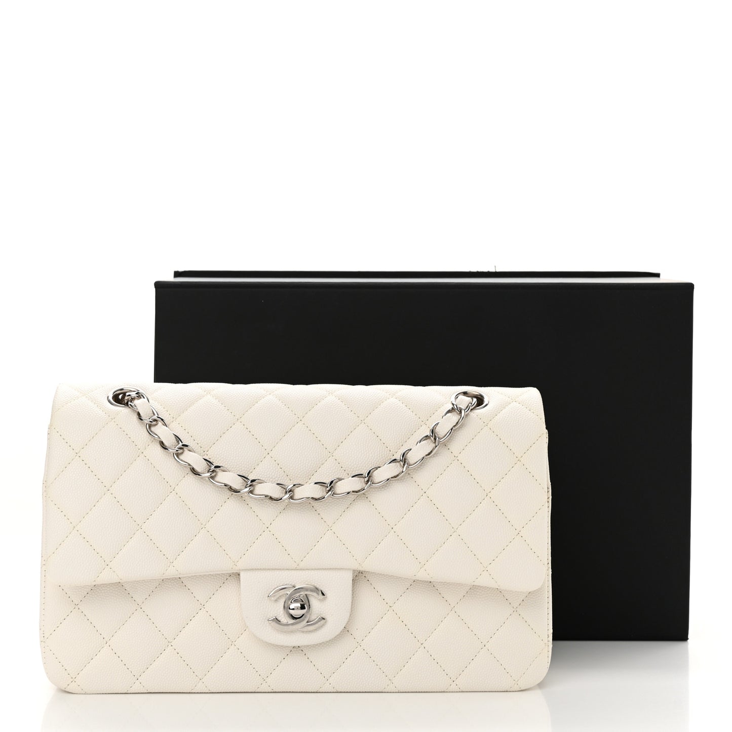 Caviar Quilted Medium Double Flap White