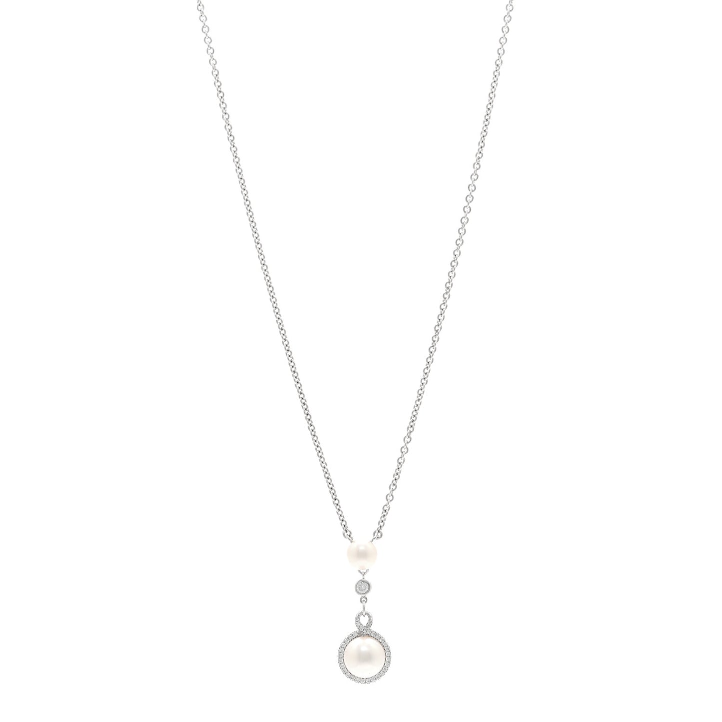 18K White Gold Diamond Akoya Cultured Pearl Petit Soleil Drop Pendant Necklace