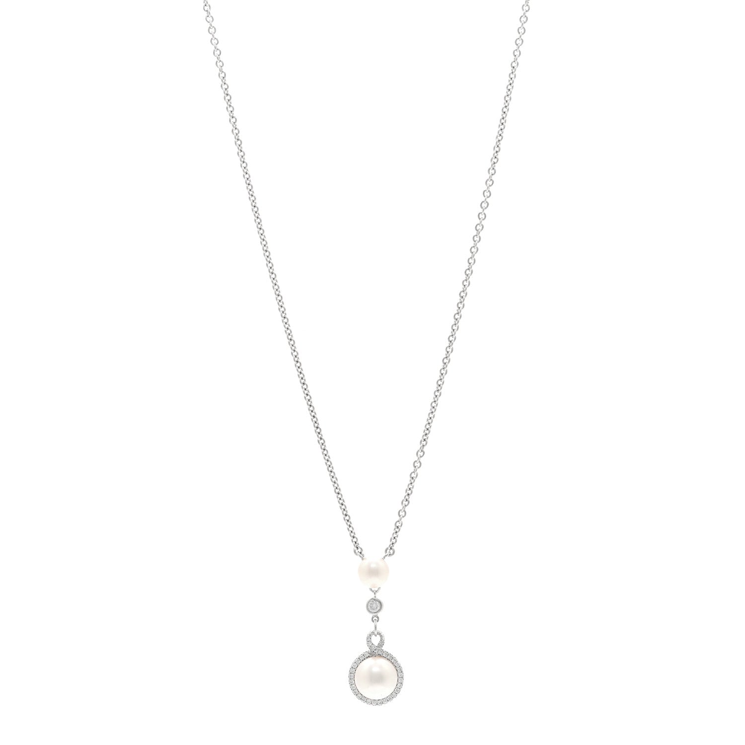 Mikimoto 18K White Gold Diamond Akoya Cultured Pearl Petit Soleil Drop Pendant Necklace 1 of 5