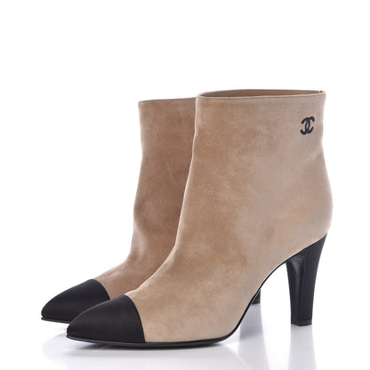 Chanel Suede Calfskin Satin Gabrielle Cap Toe Short Boots 38 Beige Black 3 of 12