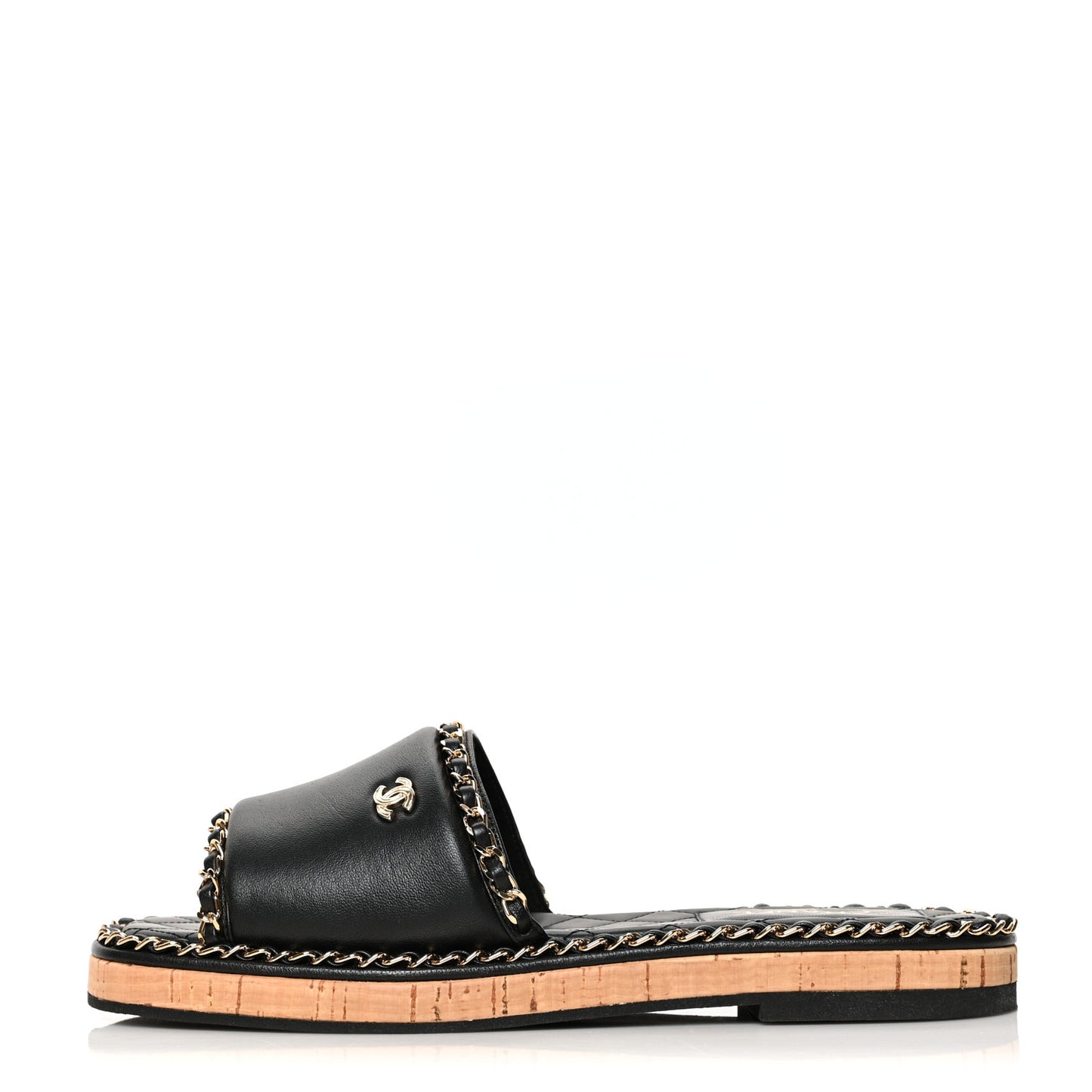 Lambskin Chain Cork Slide Sandals 39 Black