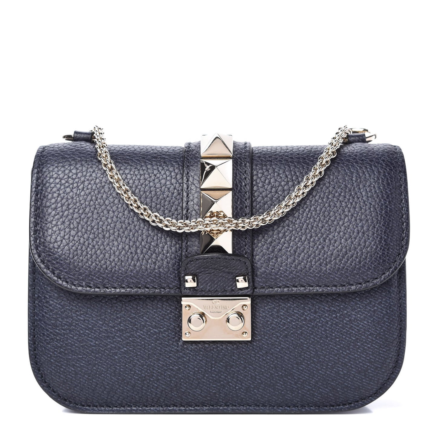 Pebbled Calfskin Small Glam Lock Rockstud Flap Deep Denim