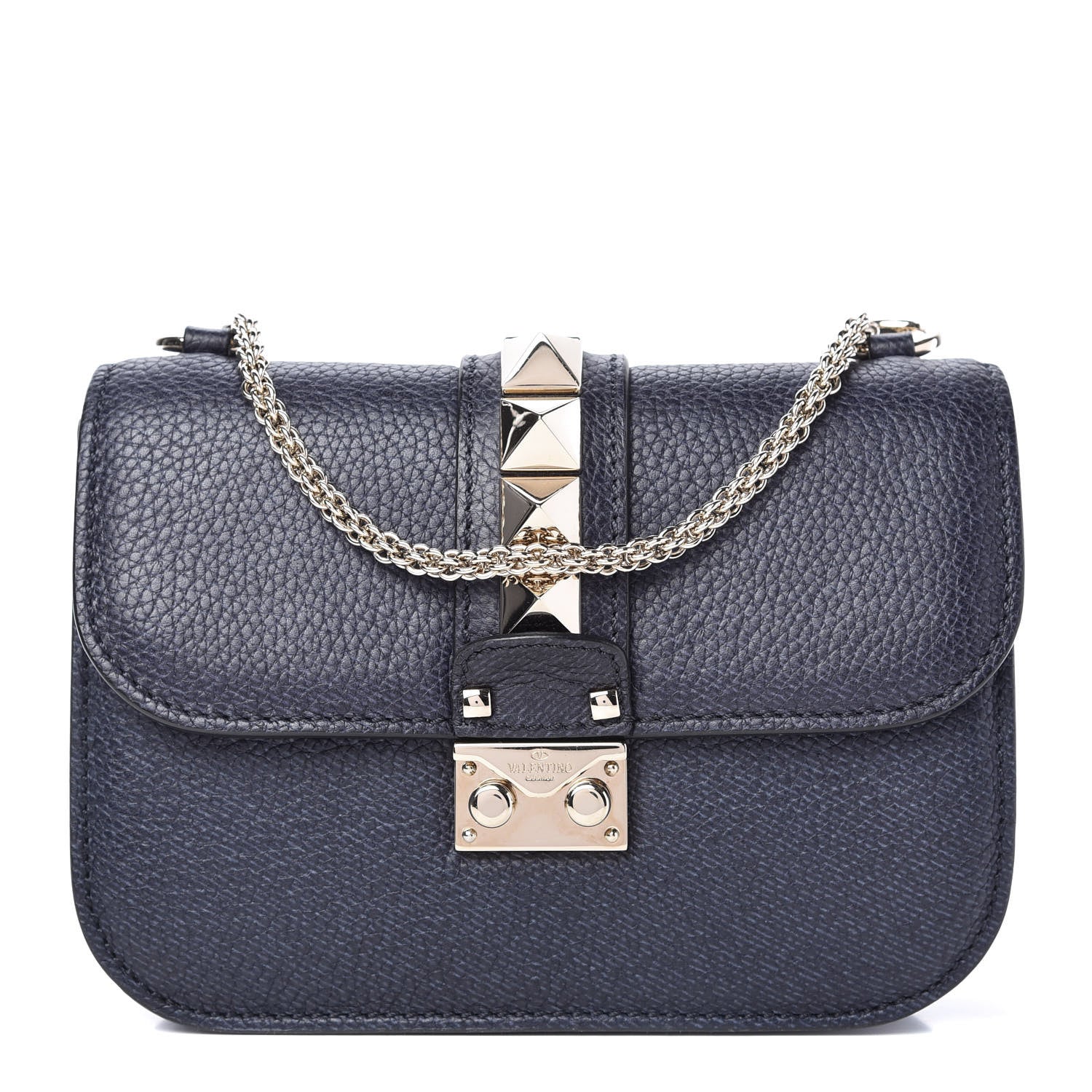 Valentino Garavani Pebbled Calfskin Small Glam Lock Rockstud Flap Deep Denim 1 of 9