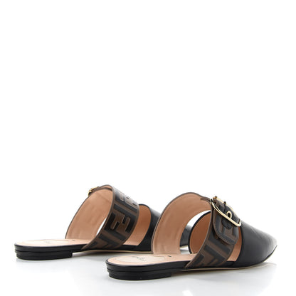 Fendi Vitello FF Embossed Pearland Buckle Flat Mules 39 Maya Black 4 of 11