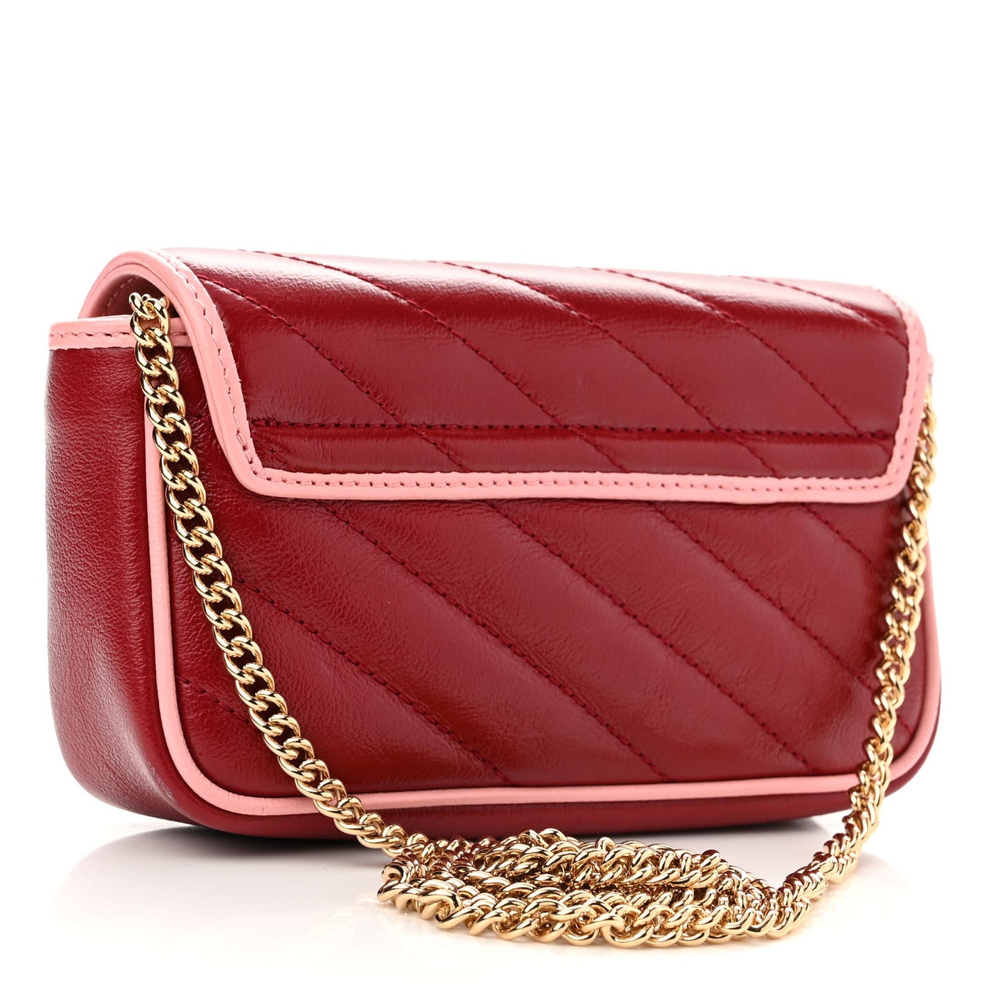 Azalea Calfskin Enamel Matelasse Diagonal Super Mini Torchon GG Marmont Shoulder Bag New Cherry Red Wild Rose