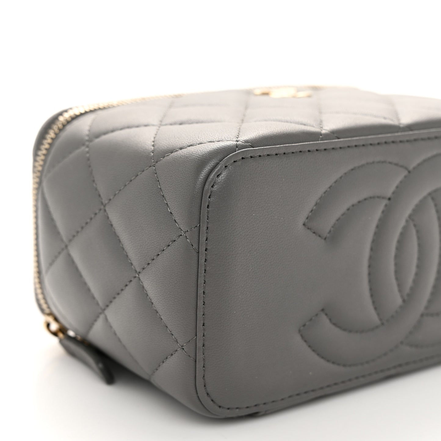 Lambskin Quilted Small Top Handle Vanity Case With Chain Dark Grey