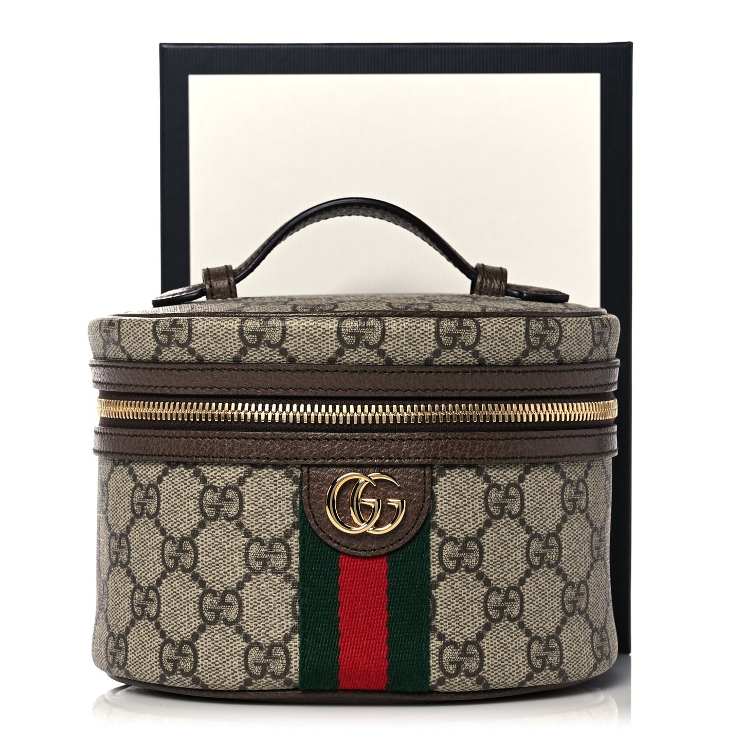 GG Supreme Monogram Textured Calfskin Web Ophidia Vanity Cosmetic Case Beige Ebony New Acero