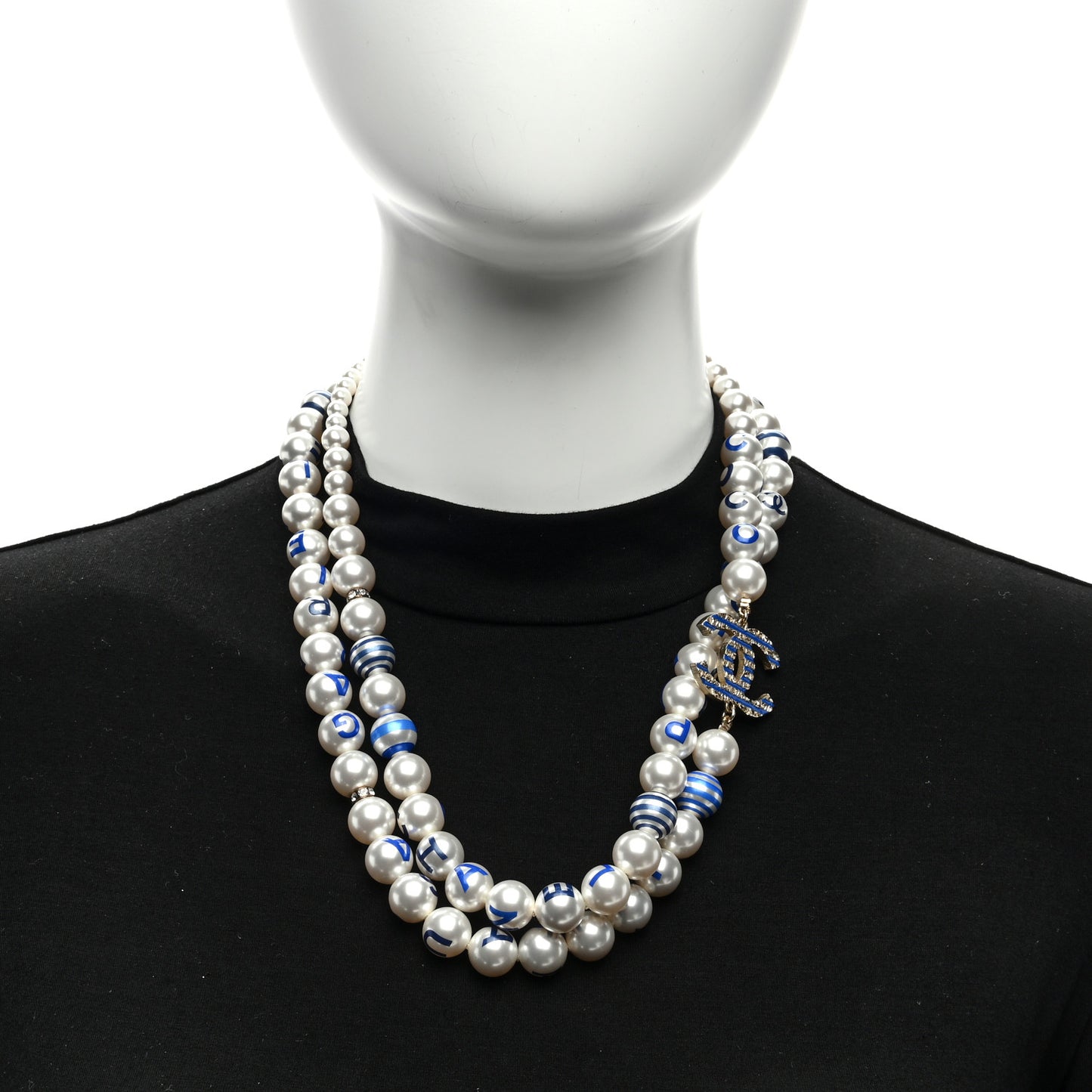 Graduated Resin Pearl Striped CC Logo Long Necklace White Blue