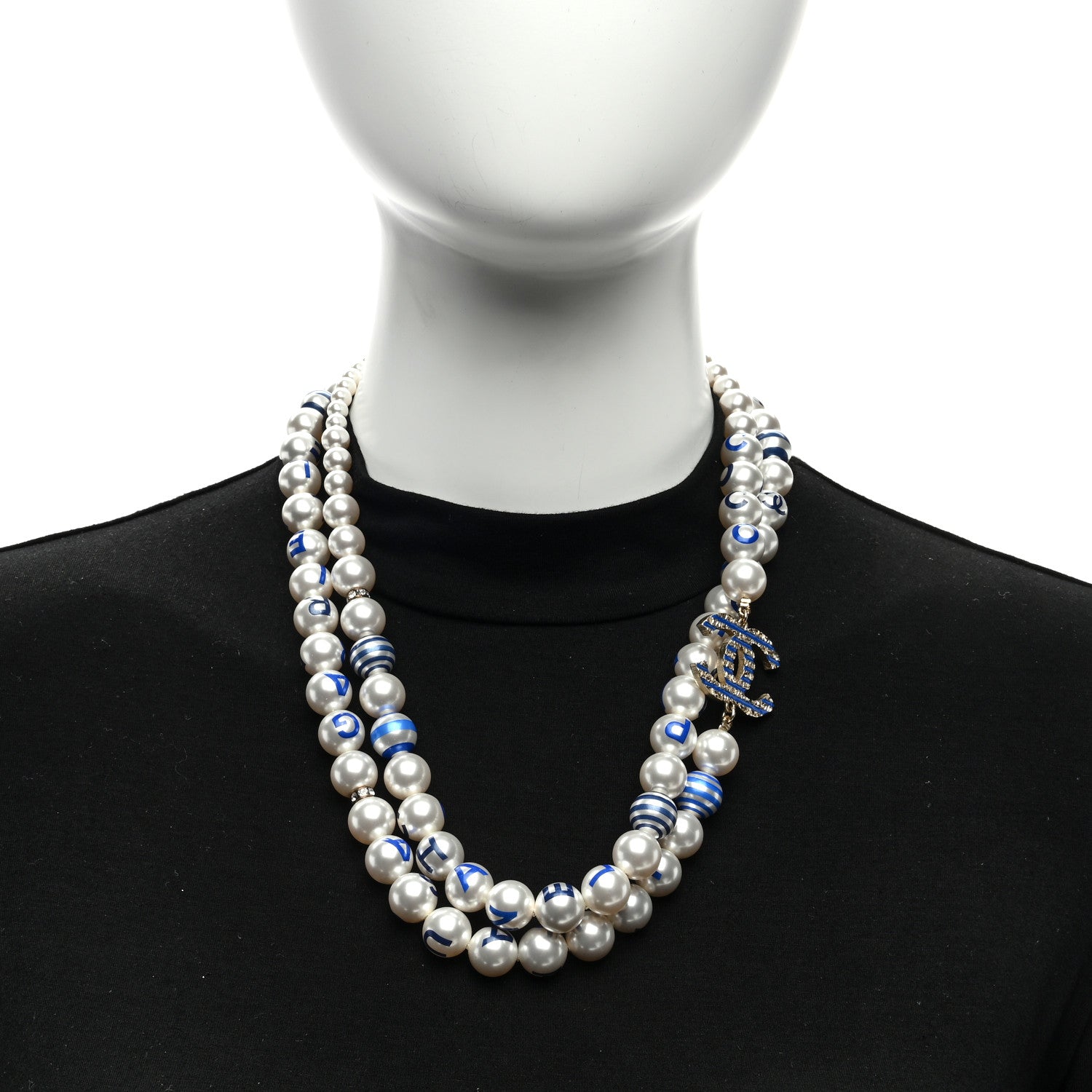 Chanel Graduated Resin Pearl Striped CC Logo Long Necklace White Blue 2 of 4