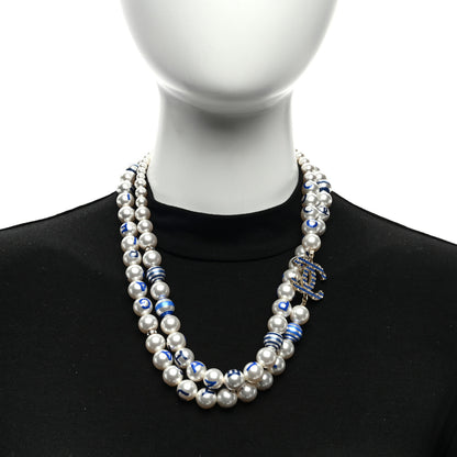 Chanel Graduated Resin Pearl Striped CC Logo Long Necklace White Blue 2 of 4
