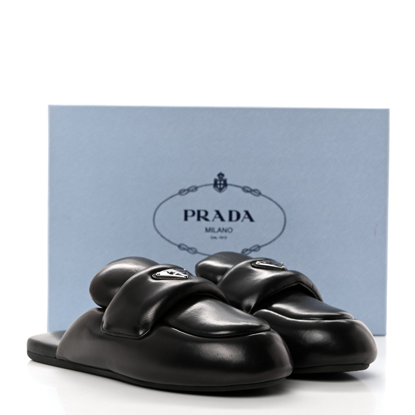 Nappa Soft Padded Metal Triangle Logo Lug Sole 20mm Mules 36 Black