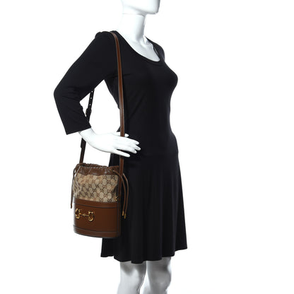 Gucci Monogram Textured Calfskin Horsebit 1955 Drawstring Bucket Bag Beige Brown Sugar 2 of 12