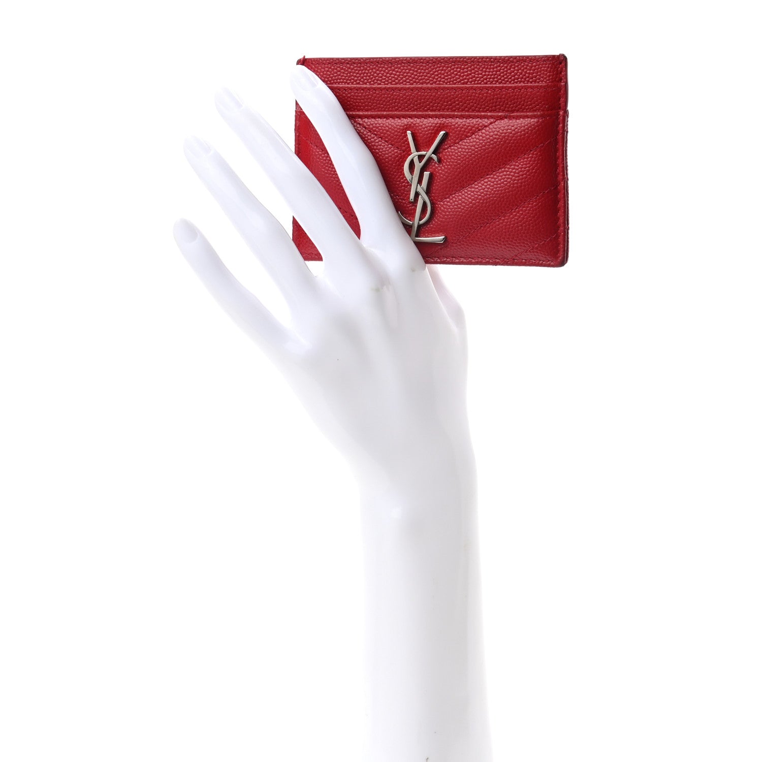 Saint Laurent Grain De Poudre Matelasse Chevron Monogram Credit Card Case New Red 2 of 7